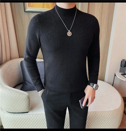 Half Turtleneck Sweater Men with Striped Wool in Autumn Winter Thickened Slightly Loose Base Knitted.