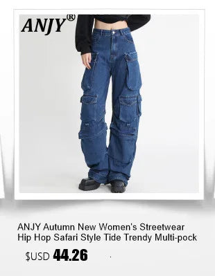 ANJY Autumn Winter Women Fashion Casual Versatile Washed Tide Diamonds Straight Jeans Trend Design Sense High Waist Pants A10636