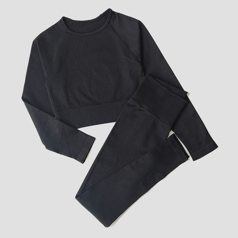 Women's Sportswear Yoga Set Workout Clothes Athletic Wear Sports Gym Legging Seamless Fitness Bra Crop Top Long Sleeve Yoga Suit