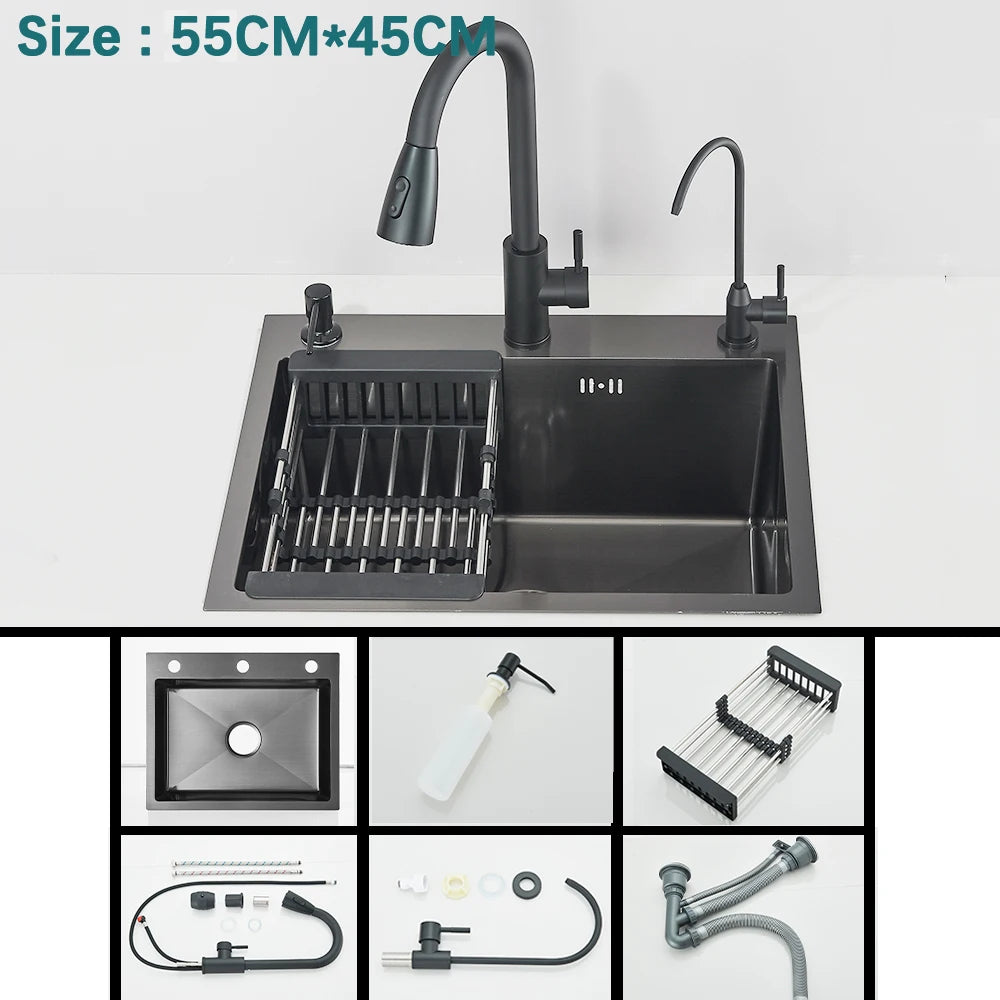 304 Stainless Steel Waterfall Kitchen Sink Large Single Slot with Chopping Board Cup Washer
