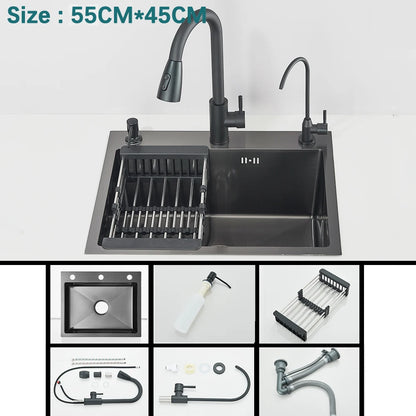304 Stainless Steel Waterfall Kitchen Sink Large Single Slot with Chopping Board Cup Washer
