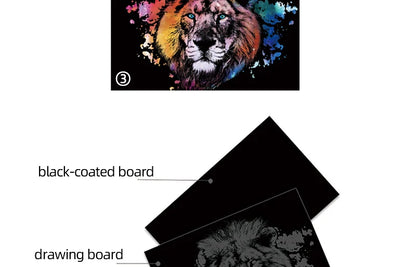 2 Sheets Animal Scratch Art Paper Set with Stylus DIY Rainbow Craft Lion Unicorn Cat Dog Painting Toy Creative Kids Adults Gift.