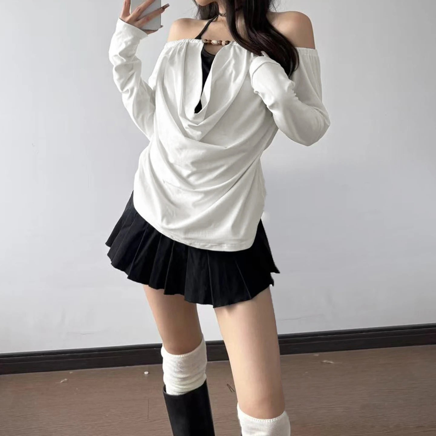 2025 Autumn Winter Women Korean Fake Two Pieces Slash Neck Top 2000s Long Sleeve T-Shirt Kpop Tees Y2k Design Coquette Gyaru New.