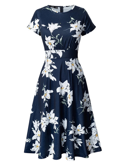 Nice-forever Vintage Elegante Blumen Druck Plissee Rundhals vestidos A-Line Pinup Business Party Frauen Flare Swing Kleid A102