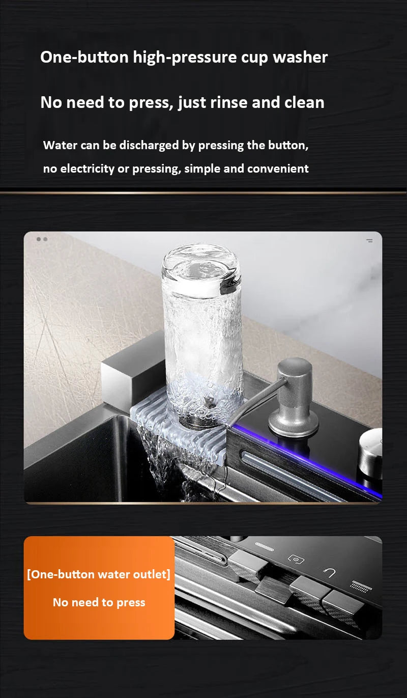 Whale style kitchen sink digital display flying rain waterfall stainless steel dishwashing pool vegetable washing basin multifun