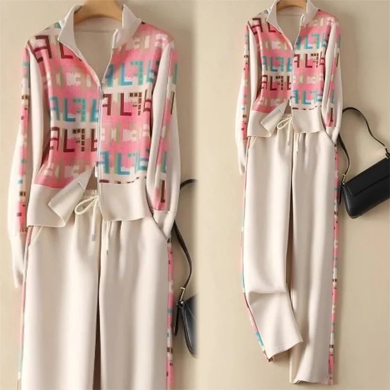 Frühling Herbst frauen Kleidung Set Gedruckt Doppel-Reißverschluss Jacke + hohe Taille Elastische Kordelzug Breite Bein Hosen Sport zwei-Stück Set