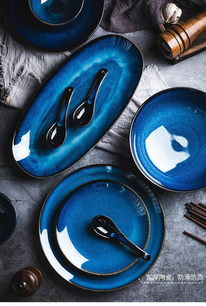 Japanese Blue Kiln Change Ceramic Tableware American Tableware Retro Household Dishes Set Rice Bowl Dishes Restaurant Plate.