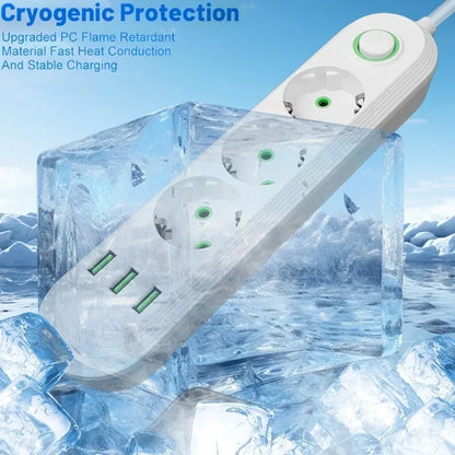 EU-Stecker, 2500 W, Steckdosenleiste mit 3 USB-Anschlüssen, Verlängerungskabel, Steckdose, Verlängerungskabel, runder Stift, AC-Steckdose, elektrischer Ladeadapter.