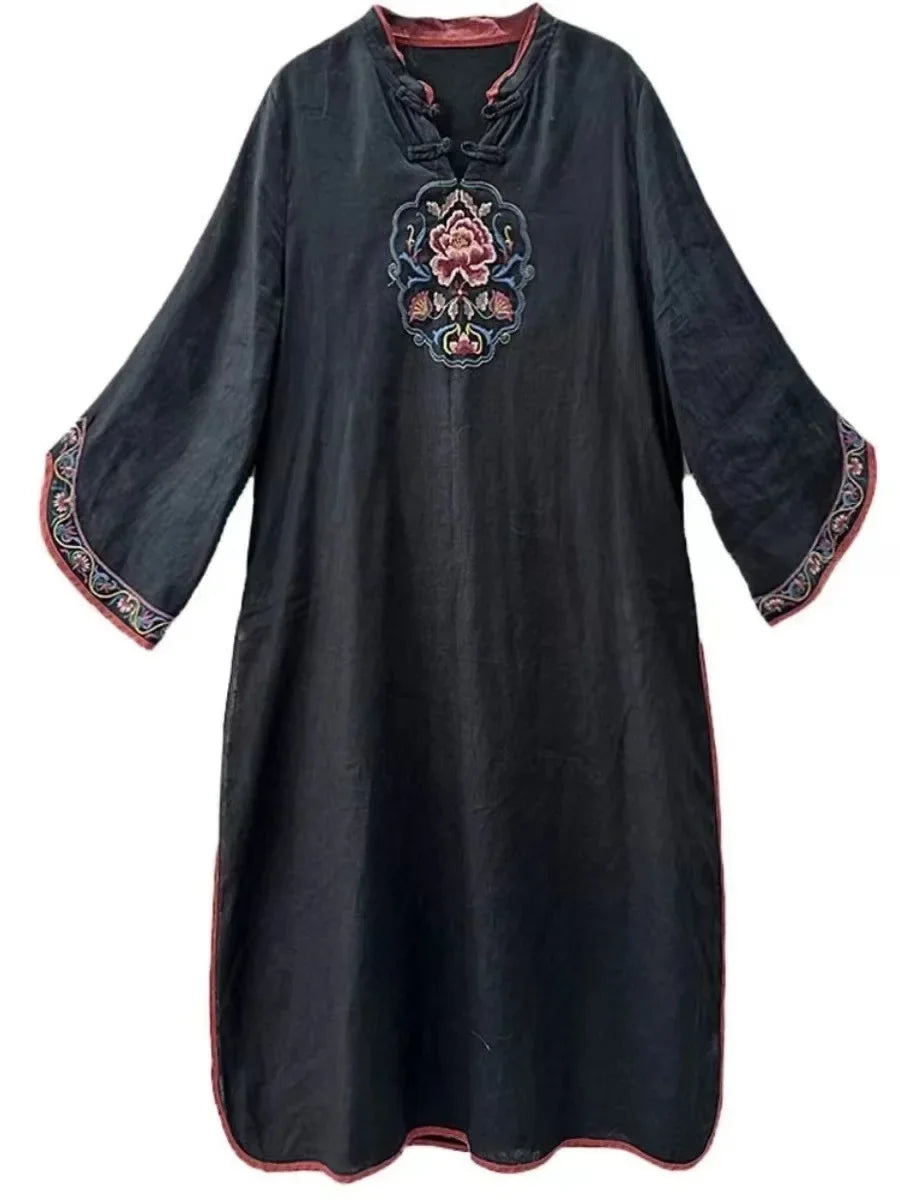 Damen-Bluse im Vintage-Stil aus Baumwolle und Leinen, mittellang, siebte Ärmel, Stickerei, ethnischer Rock mit lockerer Passform, chinesischer Stil