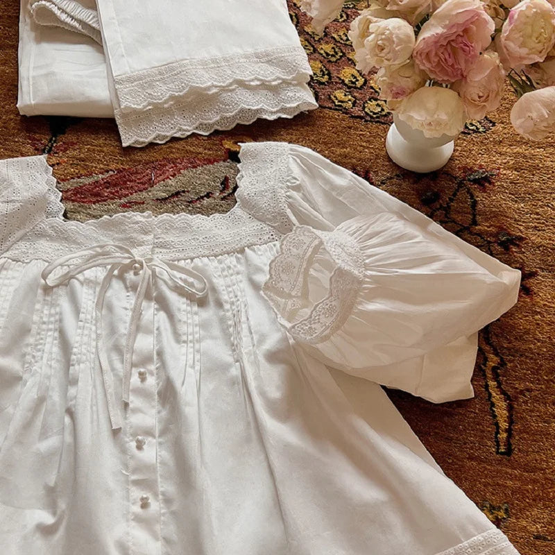 Sweet Spring Autumn Pure Cotton Women's Long Sleeve Pajama Set Loose Female Sleepwear Suits Royal Pyjama Home Wear Plus Size.