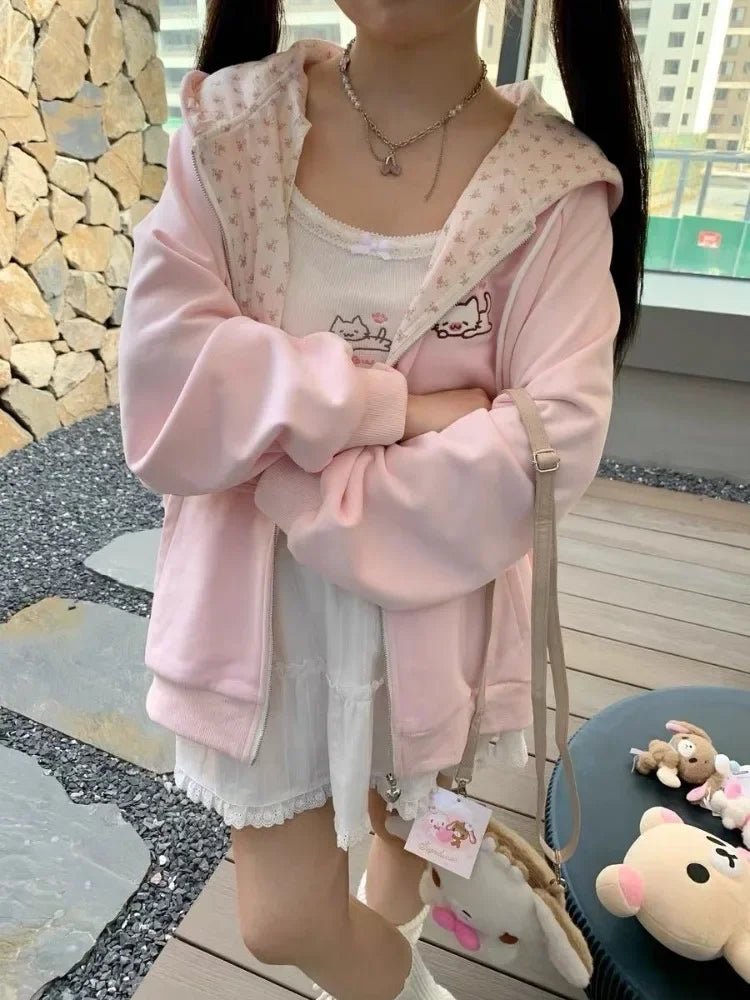 Katze Floral Lange Ärmeln Zipper Dünne Jacken 2025, Frühjahr Neue Hoodie Mantel Frauen Y2k Casual Alle-spiel Tops mujer Sweatshirt.