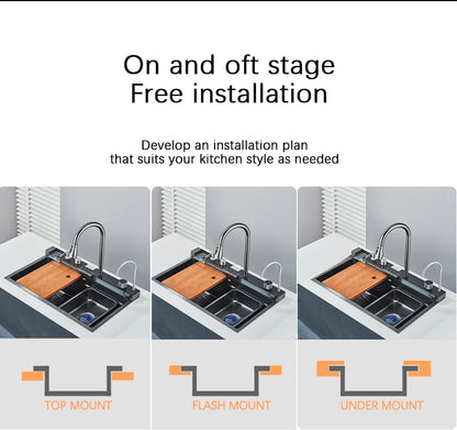 Wasserfall-Küchenspüle aus Edelstahl 304, großes Einzelschlitz-Wasserhahn-Set mit integrierter Digitalanzeige, Seifenspender, Tassenwascher