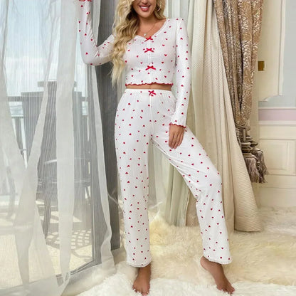 Pyjama-Set mit Herz-Druck, geripptem Rüschenbesatz für Damen, Nachtwäsche, gestrickt, V-Ausschnitt, lockere Oberteile, elastische lange Hosen-Sets, Homewear.