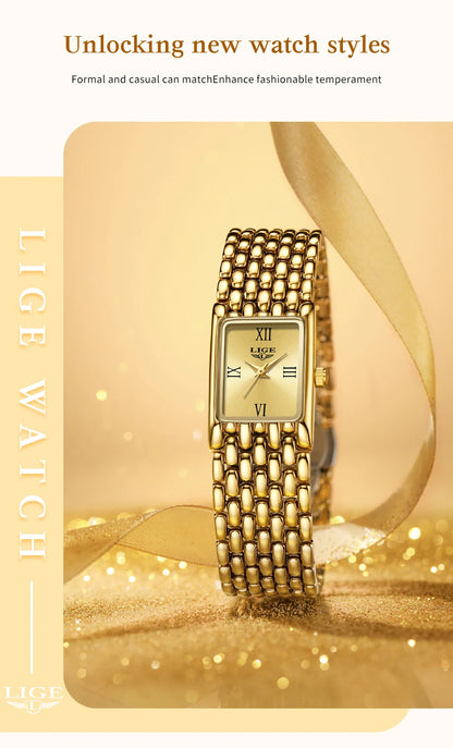 LIGE Silver Watch for Women Square Ladies Quartz Wristwatches Stainless Steel Women Small Gold Watch Luxury Casual Fashion Watch.