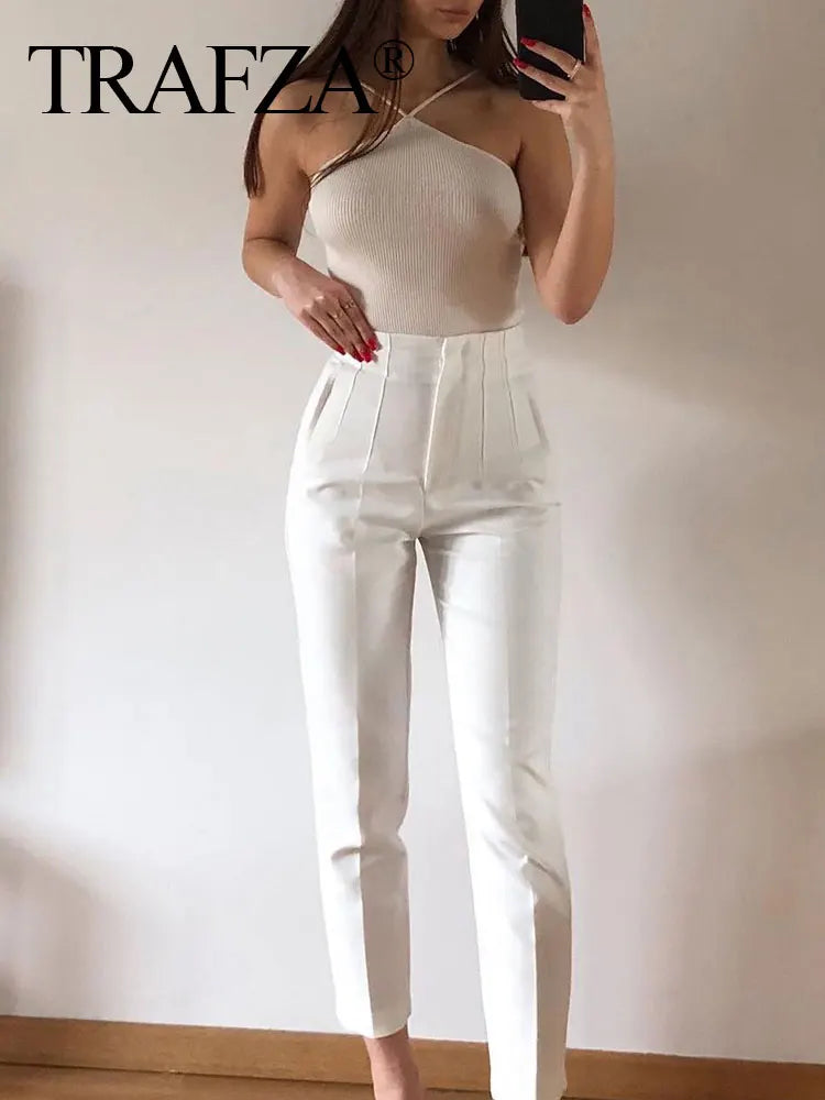 TRAFZA Frauen Elegante Feste Bleistift Hosen Hohe Taille Hose Für Frauen Casual Streetwear Frau Hosen Büro Tragen Chic Hose.