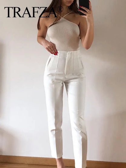 TRAFZA Frauen Elegante Feste Bleistift Hosen Hohe Taille Hose Für Frauen Casual Streetwear Frau Hosen Büro Tragen Chic Hose.