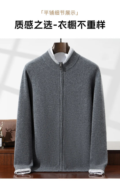 100% Wool Cardigan for Men, Half Turtleneck, Zipper, Color Block, Thickened Sweater, Business Casual Outerwear, Knitted Jacket.