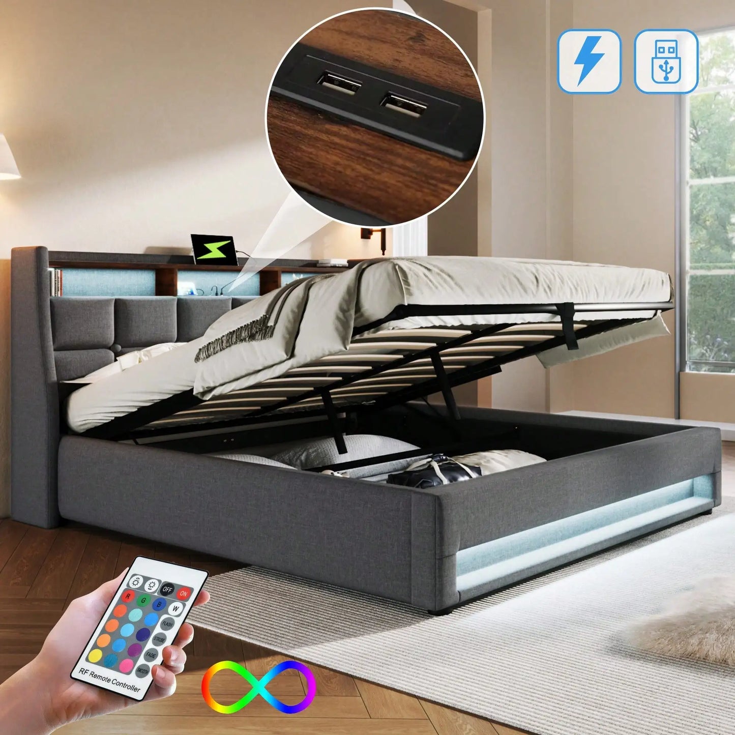 KOMHTOM Boxspringbett mit Stauraum, Polsterbett 180 x 200 cm Doppelbett mit LED und 2 USB, ohne Matratze