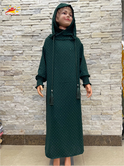 Kids Cotton Islamic Dress Full Cover Robe for Muslim Girls with Two-Hat Turkey Diamond Abaya New Eid Ramadan Prayer Garment.