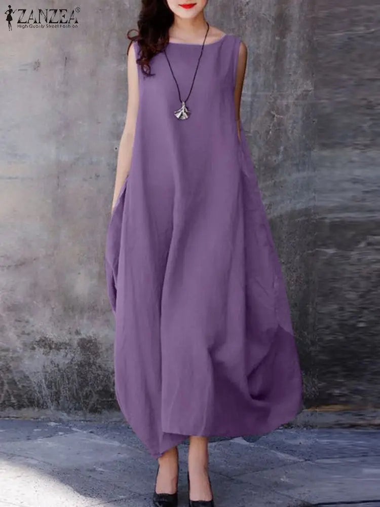 ZANZEA Sommer Mode Urlaub Kleid Robe Femme Frauen Elegante Ärmellose Maxi Vestidos 2024 Casual Lose Sommerkleid Oversize Kaftan