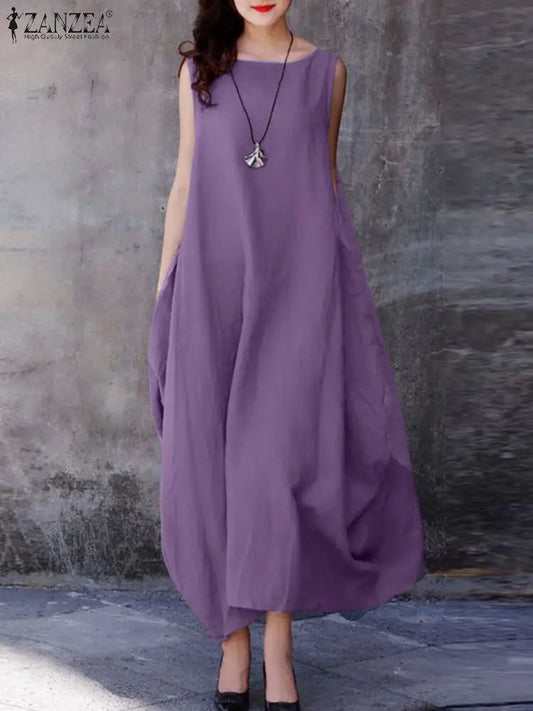ZANZEA Sommer Mode Urlaub Kleid Robe Femme Frauen Elegante Ärmellose Maxi Vestidos 2024 Casual Lose Sommerkleid Oversize Kaftan