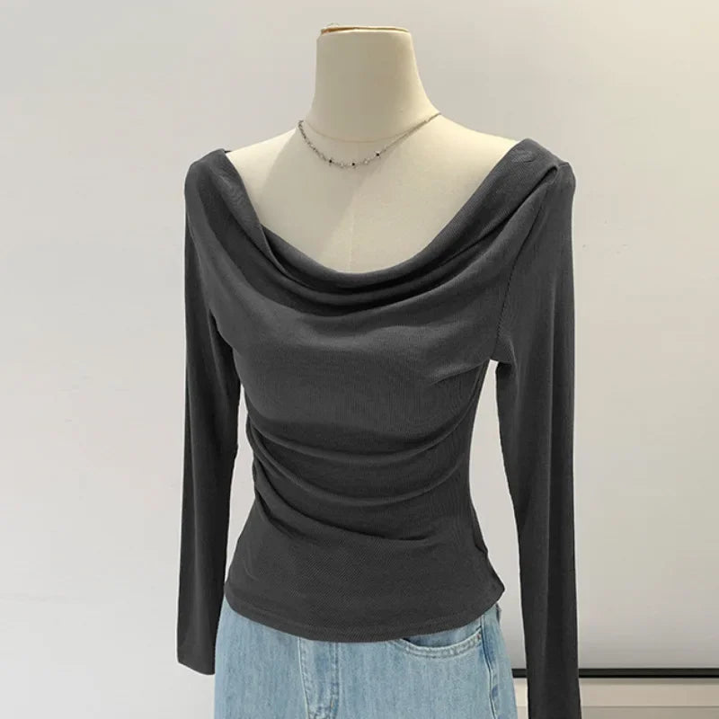 Off-The-Shoulder Long Sleeve T-Shirt Women's Early Autumn New Slimming Design Korean Style Sweet And Spicy Fashion Tops