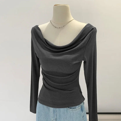 Off-The-Shoulder Long Sleeve T-Shirt Women's Early Autumn New Slimming Design Korean Style Sweet And Spicy Fashion Tops