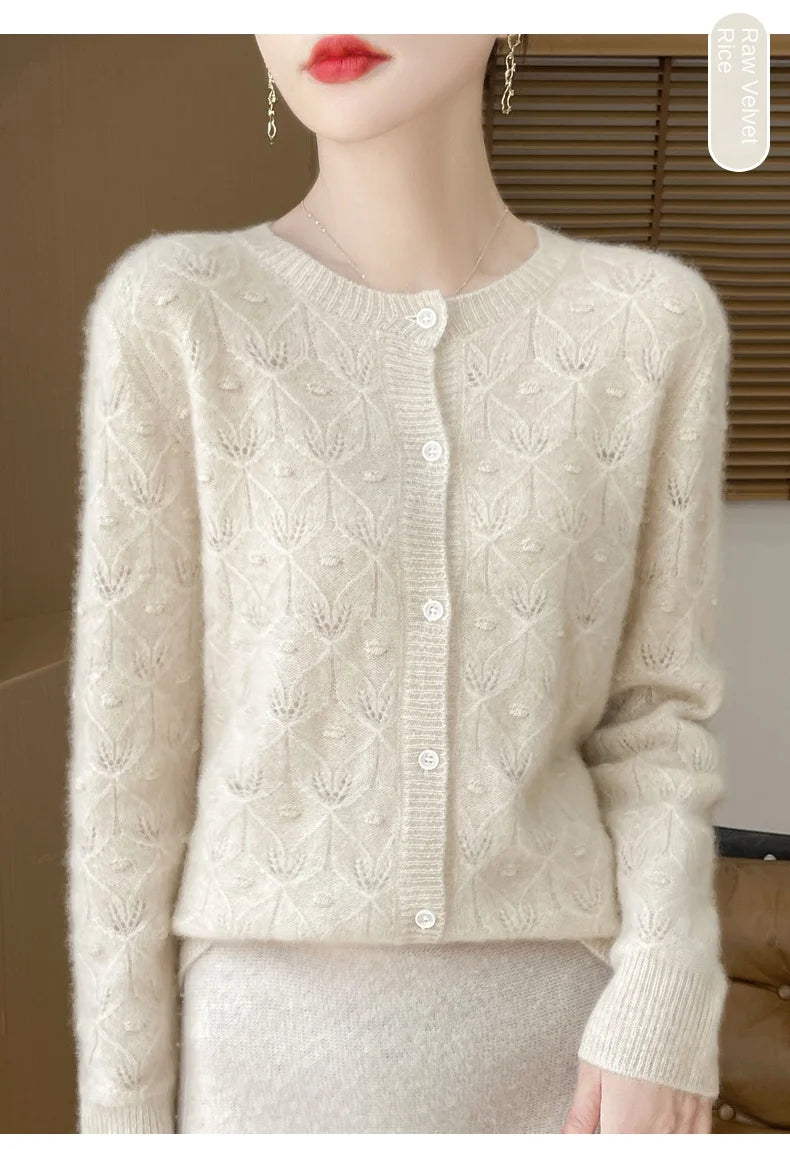 2024 Autumn And Winter New Round Neck Hollowed Out 100 Wool Knitted Cardigan Women's Versatile Coat Loose Casual Sweater DMR281.