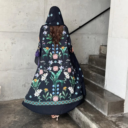 2025 Elegant Dubai Floral Print with Hijab Kimono Abaya Dress Luxury Saudi Arabia Muslim Women Islamic Middle East Turkey Robe.