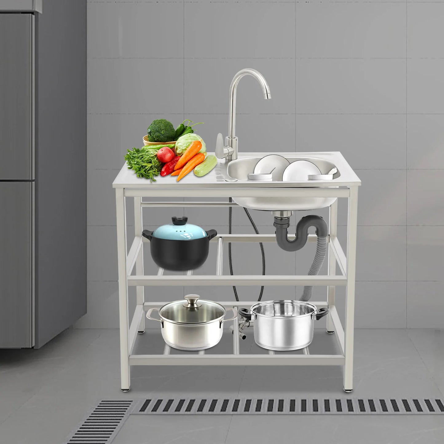 Freistehendes Waschbecken aus Edelstahl mit 2-stufigem Boden, Aufbewahrungsregal für die Küche, Outdoor-Spüle mit Facut-Handwaschstation