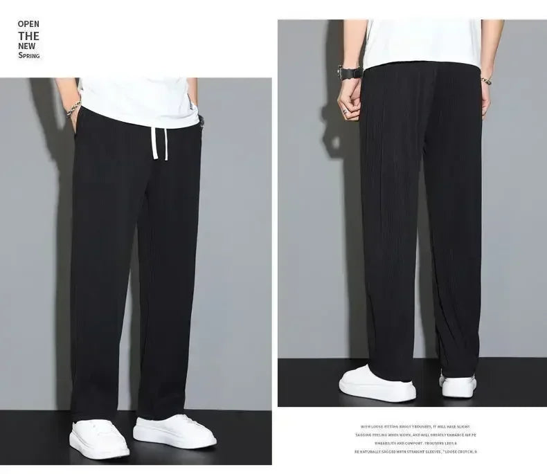 Summer Loose Ice Silk Pants Men's Drape 100KG Size Long Pants Fat Casual Sports Pants Wide Leg Straight Pants Tide Brand.