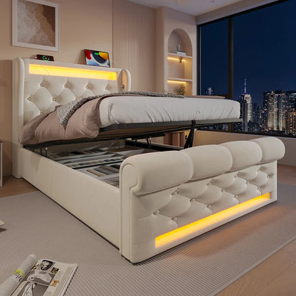 KOMHTOM Modernes Polsterbett Einzelbett 90x200cm mit LED-Leuchten, USB- und Typ-C-Anschlüssen, Hydraulisches Stauraumbett
