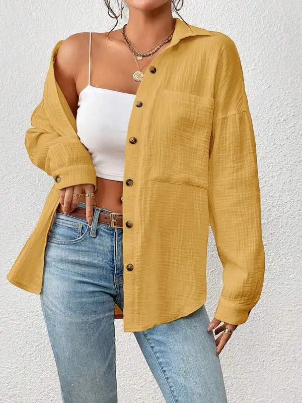 Summer 100% Cotton Women Shirts Casual Turn Down Collar Shirt Top Long Sleeve Top Office Lady Elegant Blouses for Women Blusas