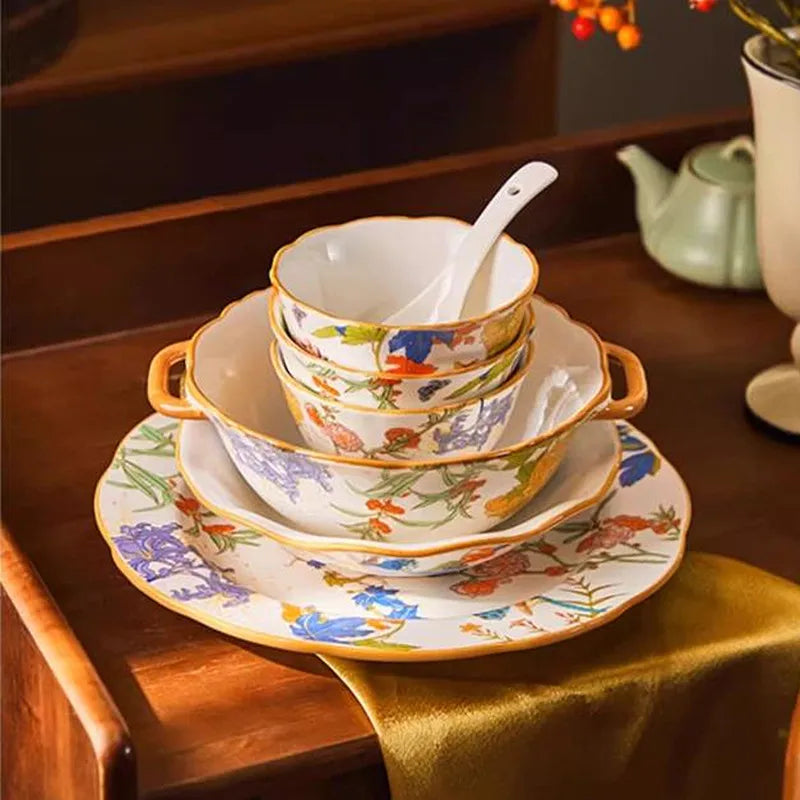 1PC Chinese-style Ceramic Plates New Flower-patterned Dinner Plates Ceramic Fruit Salad Plates Exquisite Kitchen Accessories.