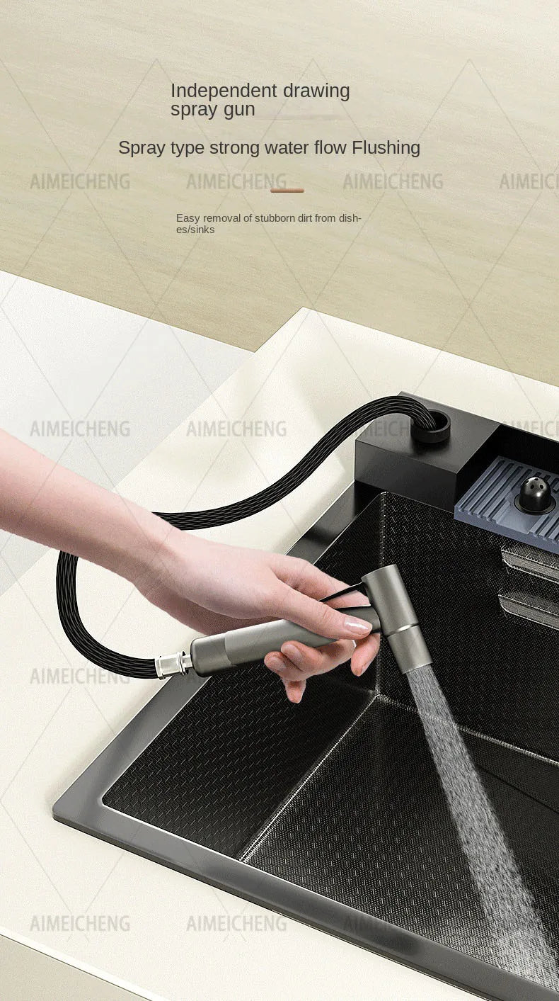 Heißer verkauf Edelstahl Wasserfall Küche Waschbecken Mit Messer Halter Digital Display Wasserhahn Set Geprägte Extra Große Einzigen Slot