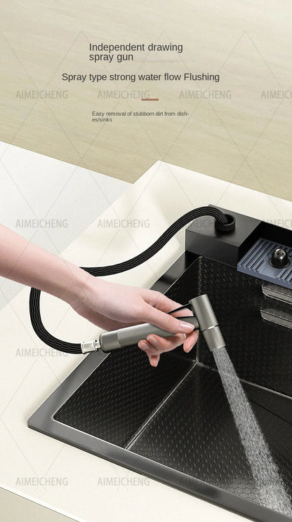 Heißer verkauf Edelstahl Wasserfall Küche Waschbecken Mit Messer Halter Digital Display Wasserhahn Set Geprägte Extra Große Einzigen Slot