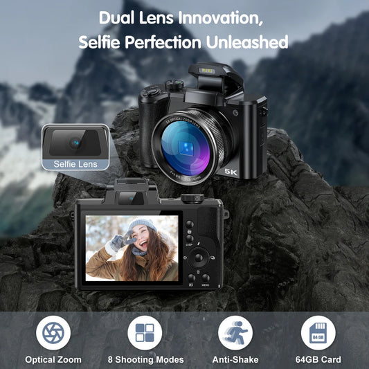 5K Digital Camera for Photography, 64MP Touch Screen Autofocus Vlogging Camera with Selfie Lens, 5X Optical Zoom, 64GB SD Card.