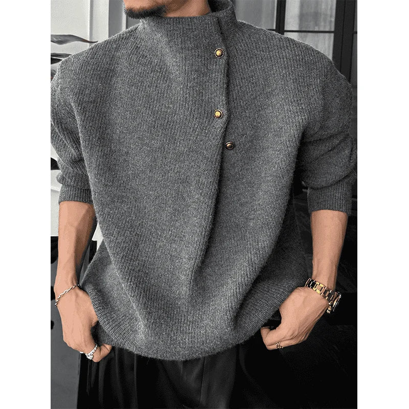Vintage Trend Casual Autumn Winter New Men Turtleneck Solid Button Fashion Luxury Business Long Sleeve Pullovers Knitted Tops.