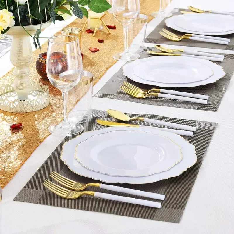 50/20pcs Gold Plastic Party Plates Dinner Plates Salad/Dessert and Combo Heavy Plastic Duty Plates for Wedding Parties.