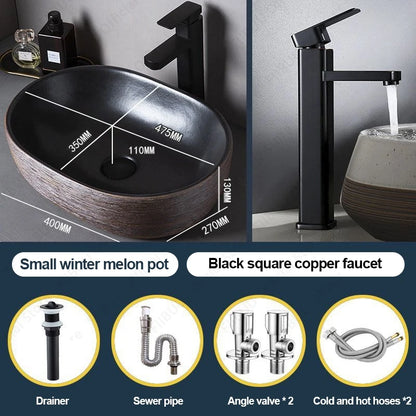 Braunes Porzellan-Keramik-Waschbecken über der Theke, Waschtisch, Schüsselbecken, Badezimmer, Sanitär, Balkon, Tisch, Waschbecken, Arbeitsplatte, ovales Waschbecken