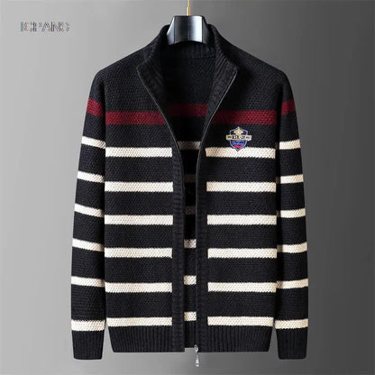 Winter Wool Liner Sweater  Cardigan Man Knit Striped Stand Collar Jacket Outwear Knitted Sweatercoat Men Vintage Clothing.