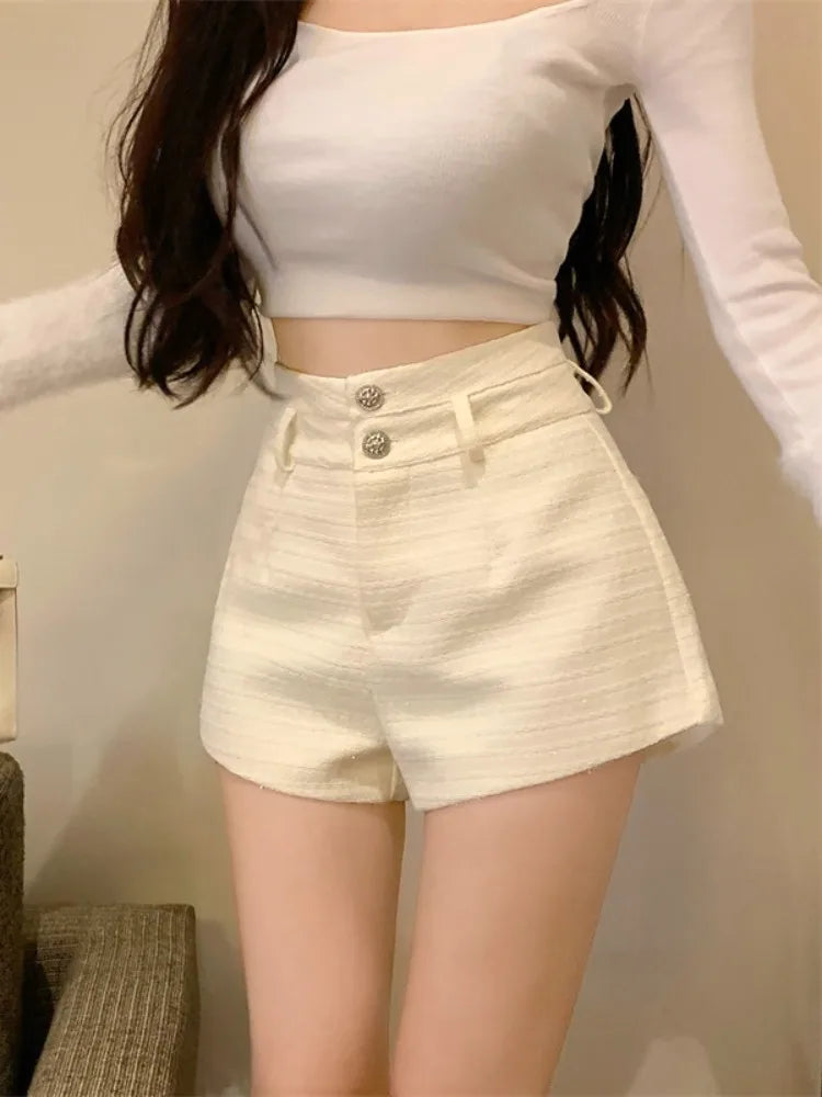 Winter Spring New Arrival Metal Buttons Tweed Shorts Women.