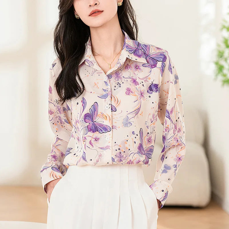 Fashion Korean Casual Women's Long Sleeve Butterfly and Flower Printed Shirt Office Lady Tops.