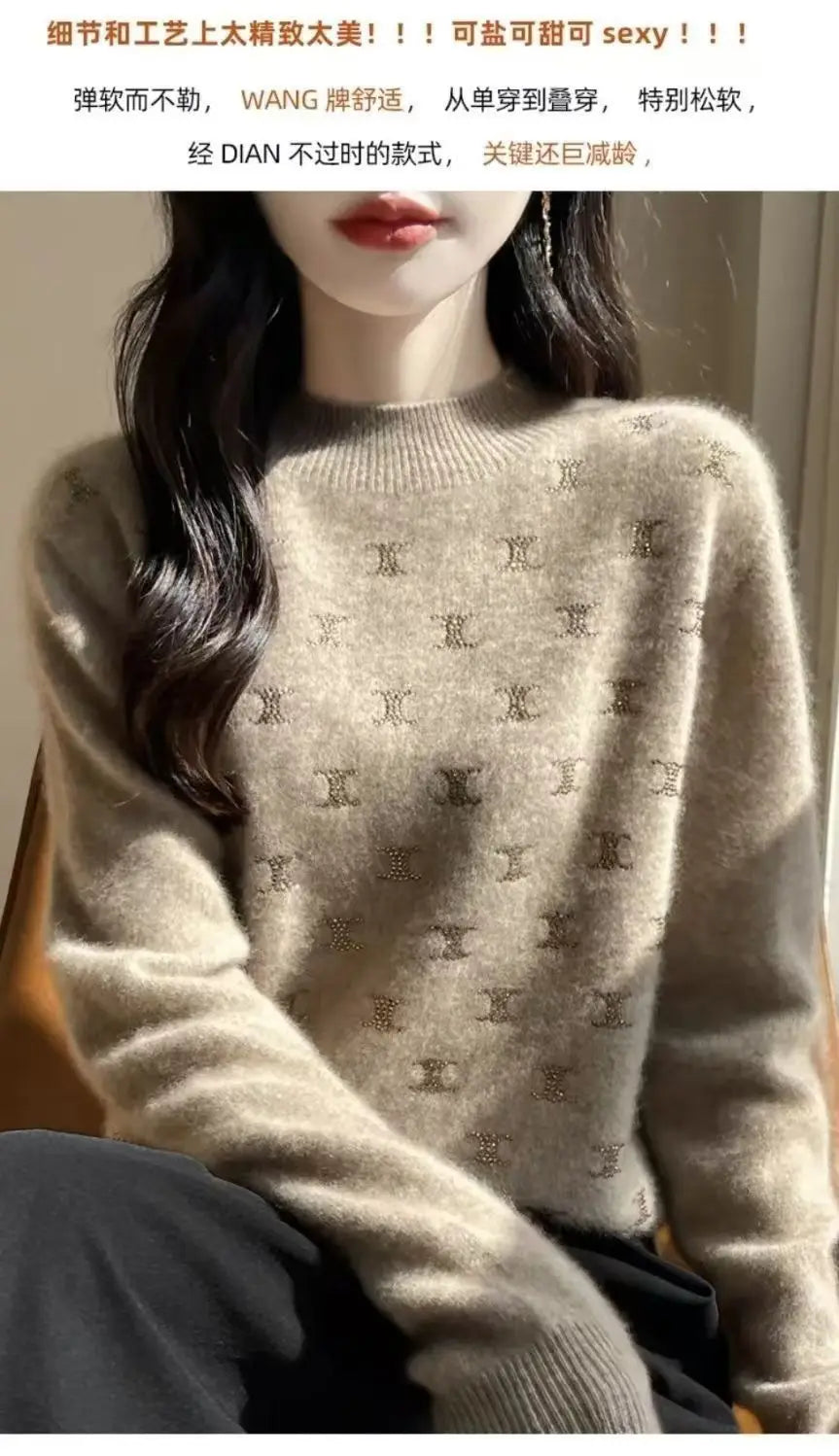 Temperament Fashion Autumn Winter New Sweaters Women Turtleneck Diamonds Long Sleeve Loose Pullovers Bottoming Shirt Knitted Top.