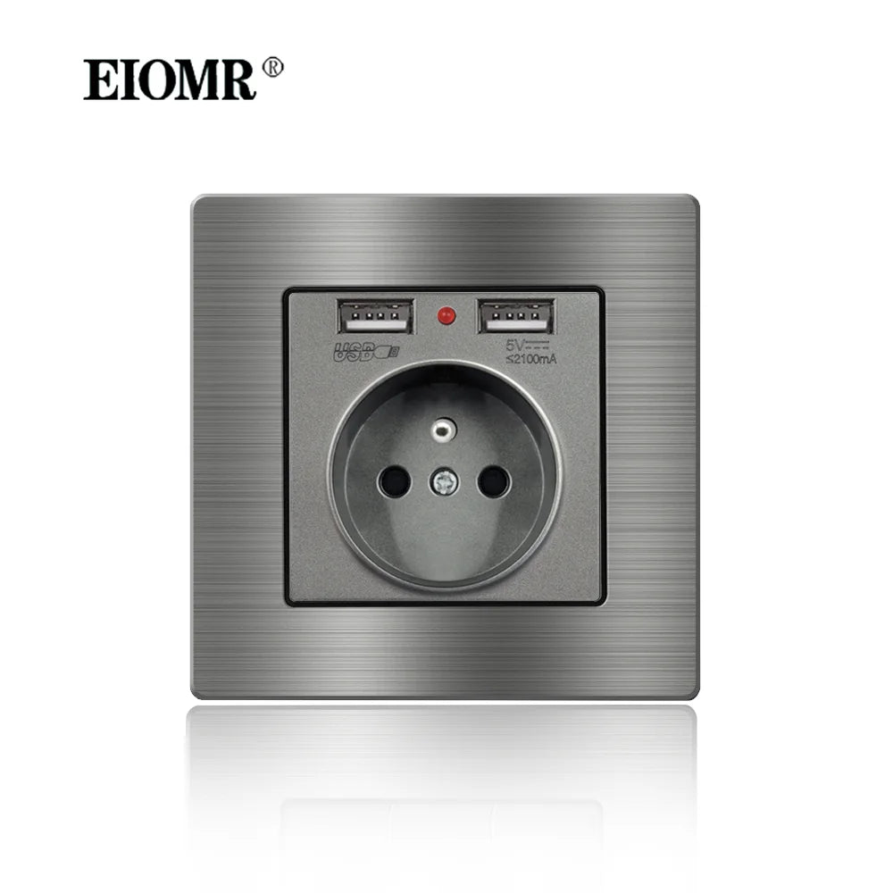 EIOMR Frankreich Standard-Steckdose, graue Aluminiumlegierung, Lichtschalter, RJ45, Fernseher, 220 V, 16 A, Wandsteckdosen für Haushaltsgeräte