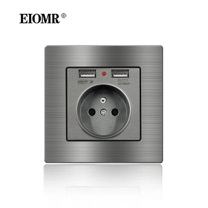 EIOMR Frankreich Standard-Steckdose, graue Aluminiumlegierung, Lichtschalter, RJ45, Fernseher, 220 V, 16 A, Wandsteckdosen für Haushaltsgeräte