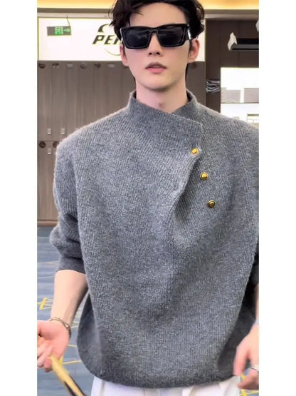 Irregular Button Turtleneck Sweater Men's Autumn and Winter Fashion Brand.