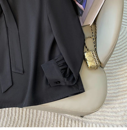 Loose Long Sleeve V-Neck Work Shirt for Women Plus Size Women's Blouses Fashion Versatile Autumn Bow Tops Trendy Business Shirts