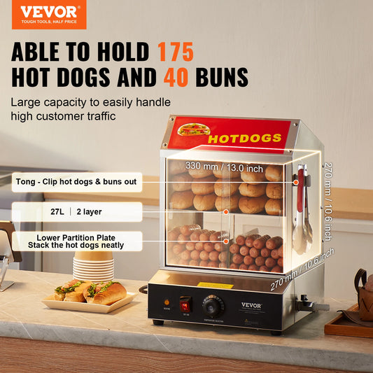 SucceBuy 27/37L 2Tiers Hot Dog Steamer with Temperature Control Stainless Steel Electric Bun Warmer for Hot Dogs&Buns for Cinema.