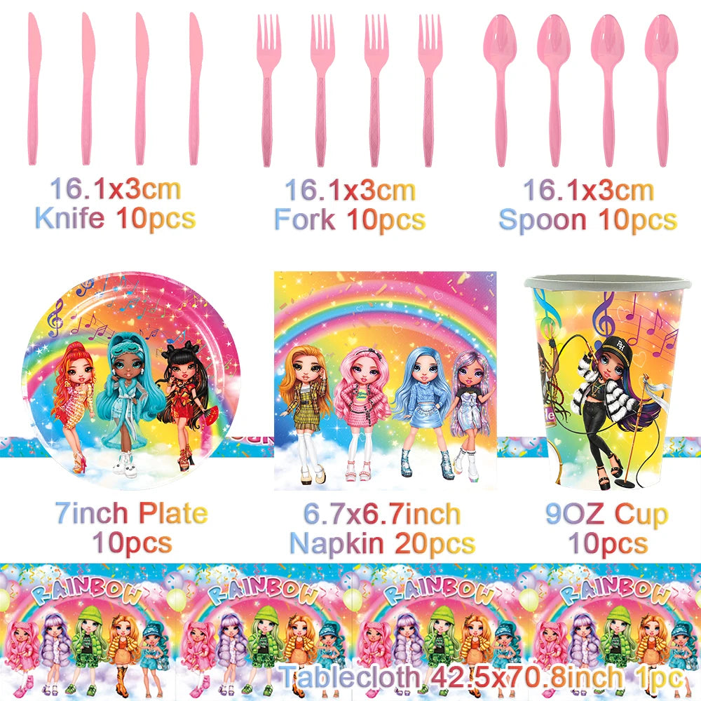 Cartoon Regenbogen Puppe High School Thema Hintergrund Geburtstag Party Dekoration Lieferungen Einweg Tasse Besteck Ballon Baby Geschenk.